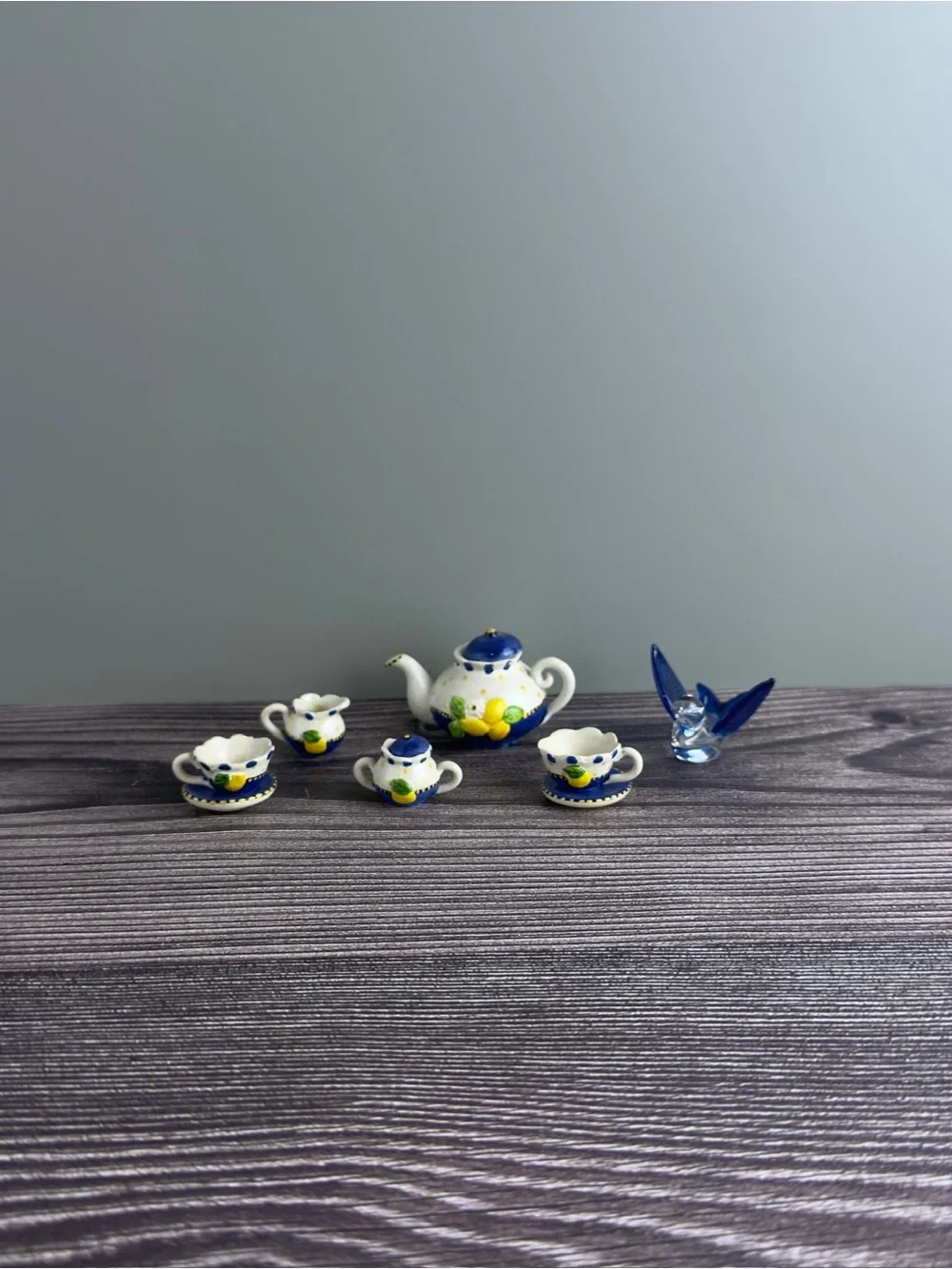 Mini Ceramic Miniature Tea Set Bundle w/ Teapot Cups Sugar Creamer & Blue Bird